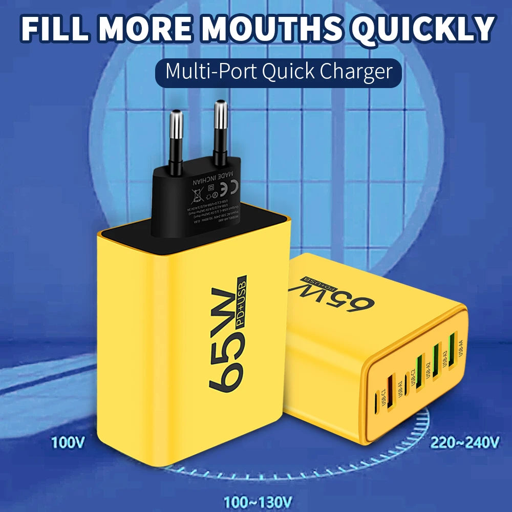 65W USB C Charger 6 Ports Fast Charging Wall Charger