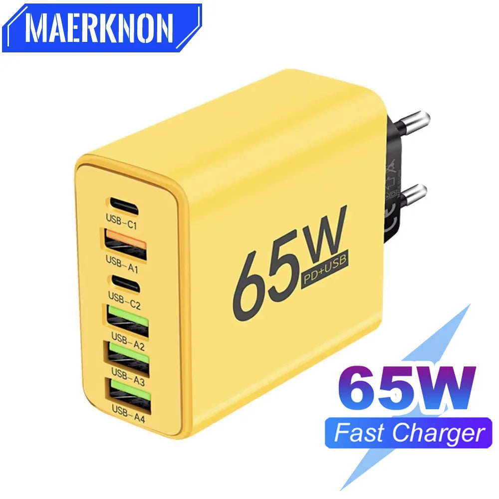 65W USB C Charger 6 Ports Fast Charging Wall Charger
