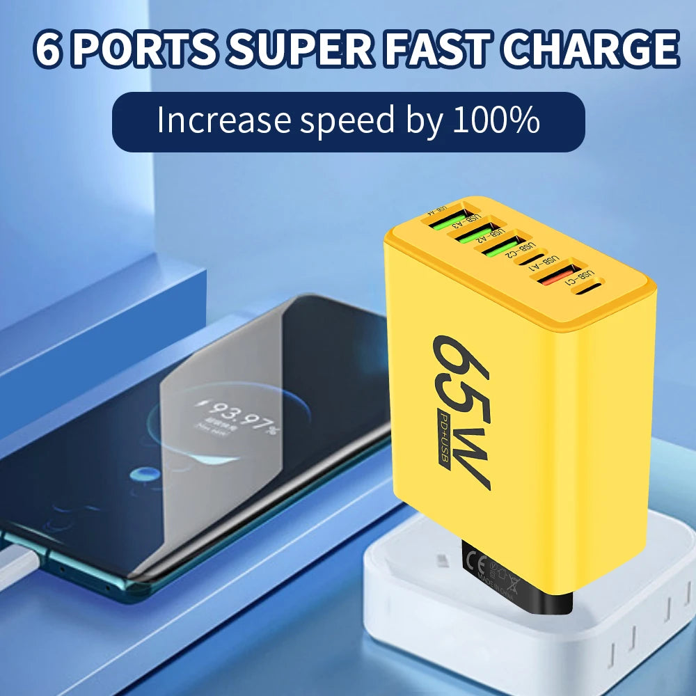 65W USB C Charger 6 Ports Fast Charging Wall Charger