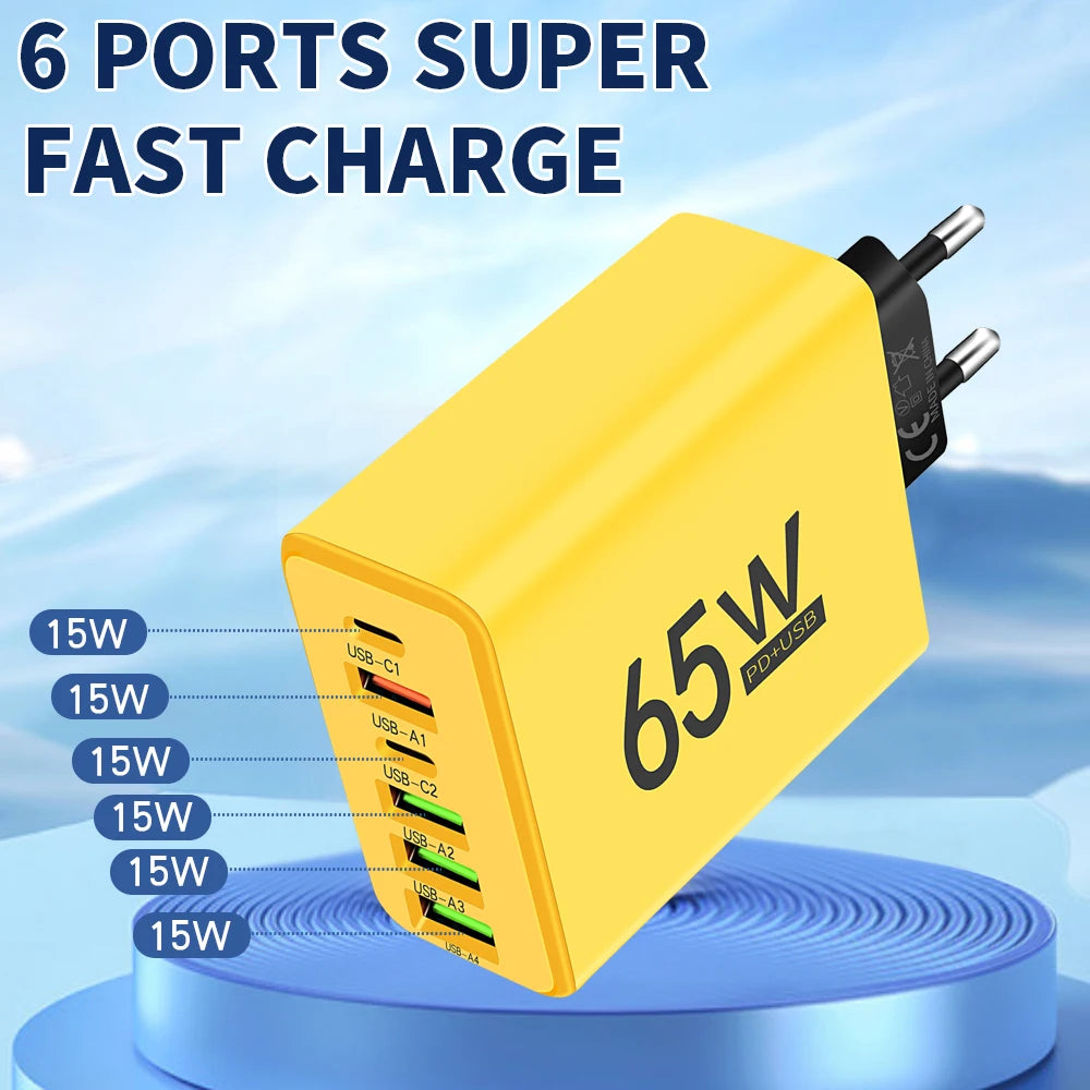 65W USB C Charger 6 Ports Fast Charging Wall Charger
