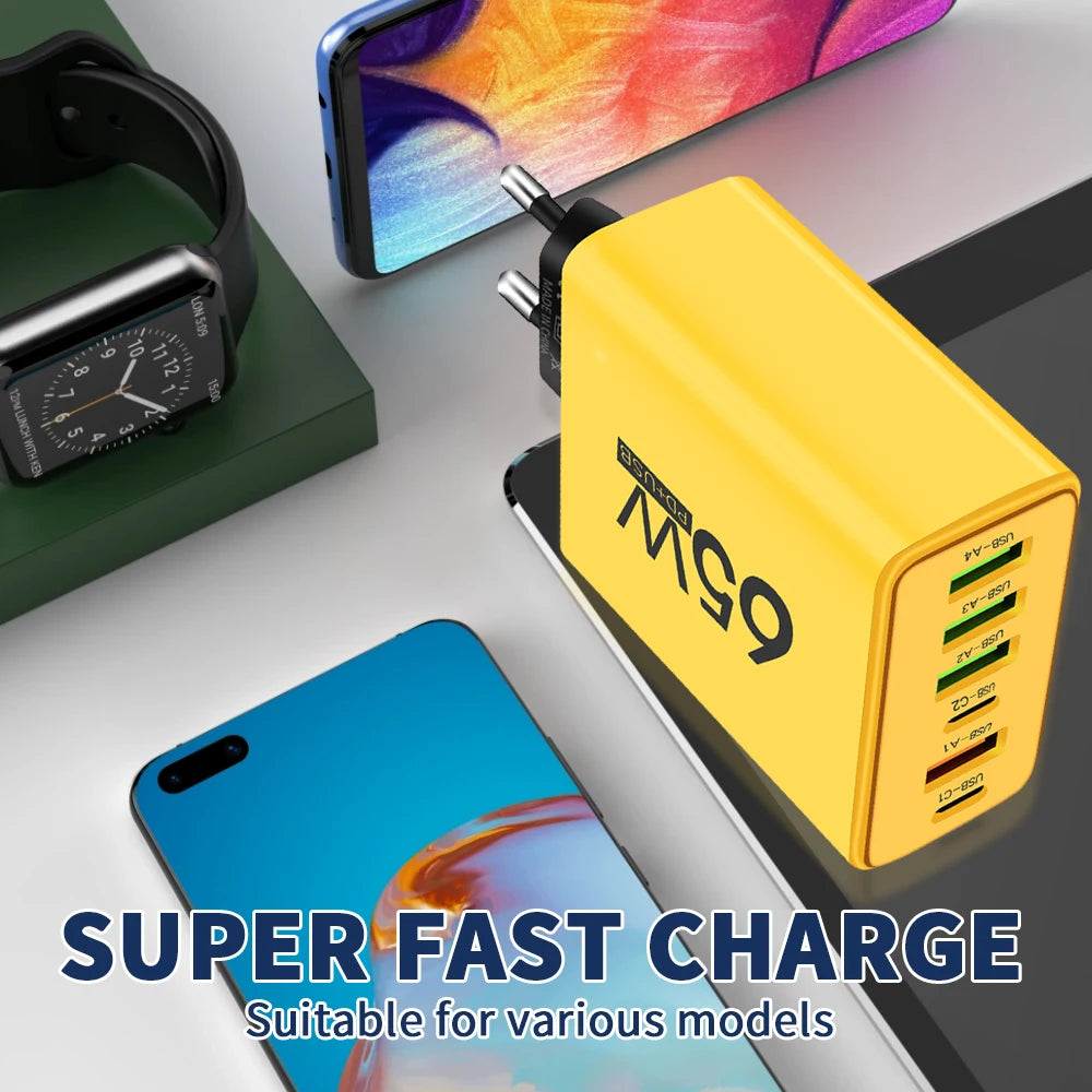 65W USB C Charger 6 Ports Fast Charging Wall Charger